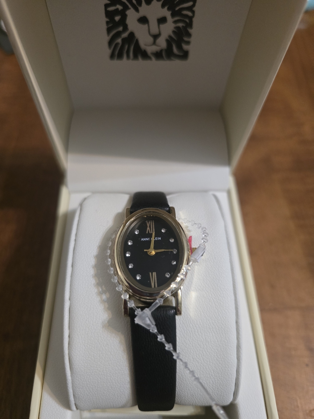 Anne Klein Women's Black Strap Gold-Tone Oval Watch